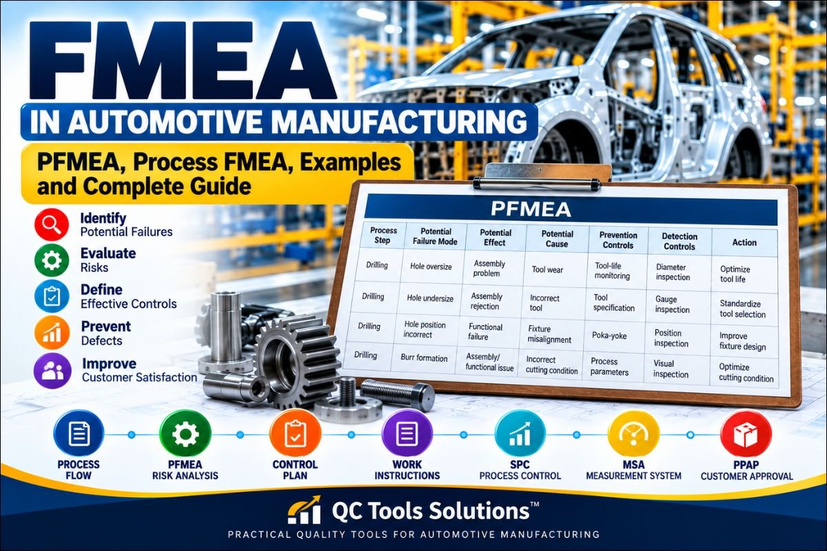 FMEA in automotive manufacturing showing PFMEA, risk analysis, process controls, Control Plan, SPC, MSA and PPAP with QC Tools Solutions branding.