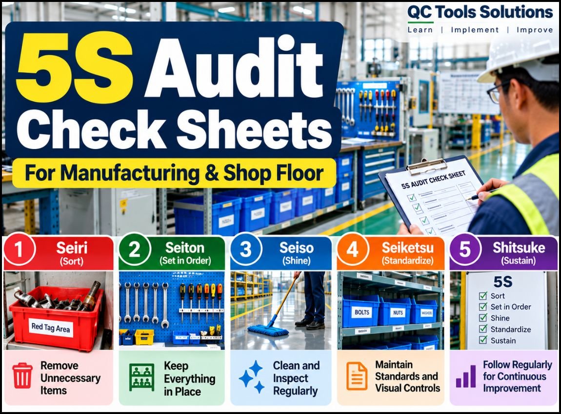 5S audit check sheets for manufacturing and shop floor covering Sort, Set in Order, Shine, Standardize, and Sustain.