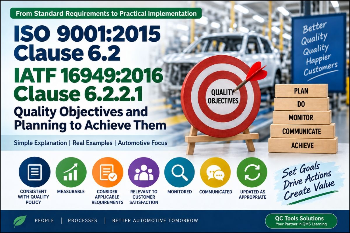 Infographic on ISO 9001 and IATF 16949 quality objectives, featuring planning steps, key requirements, and an automotive factory background.