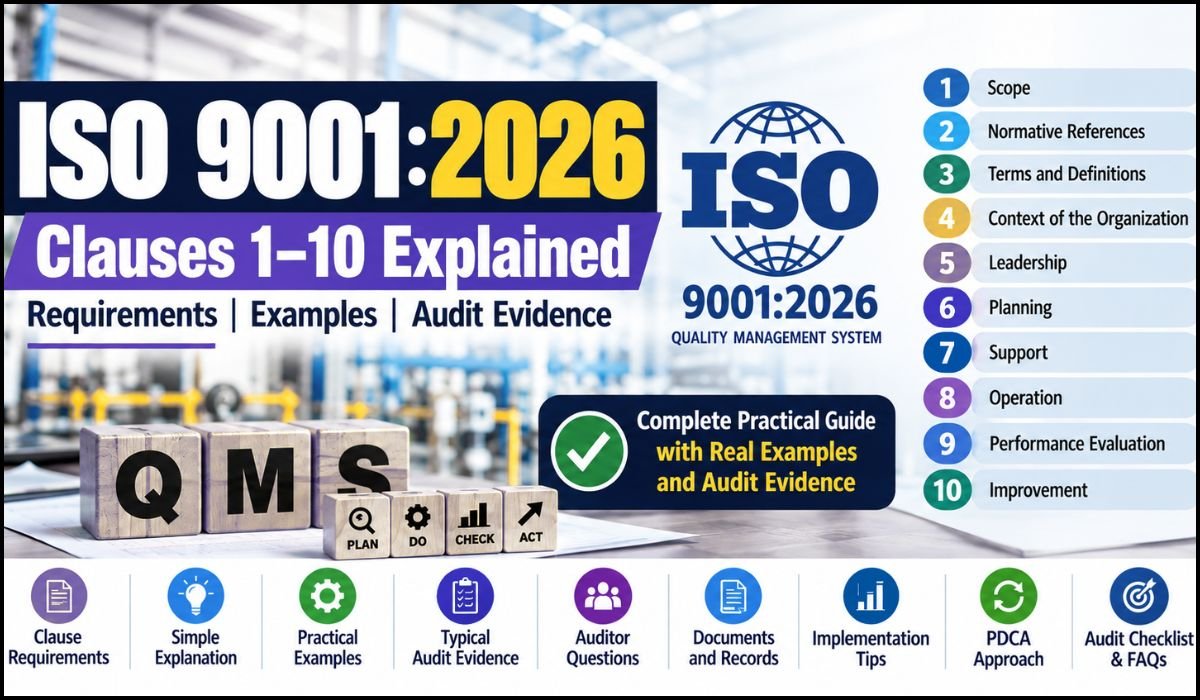ISO 9001:2026 Clauses 1–10 explained with requirements, practical examples, audit evidence, and QMS implementation guidance.