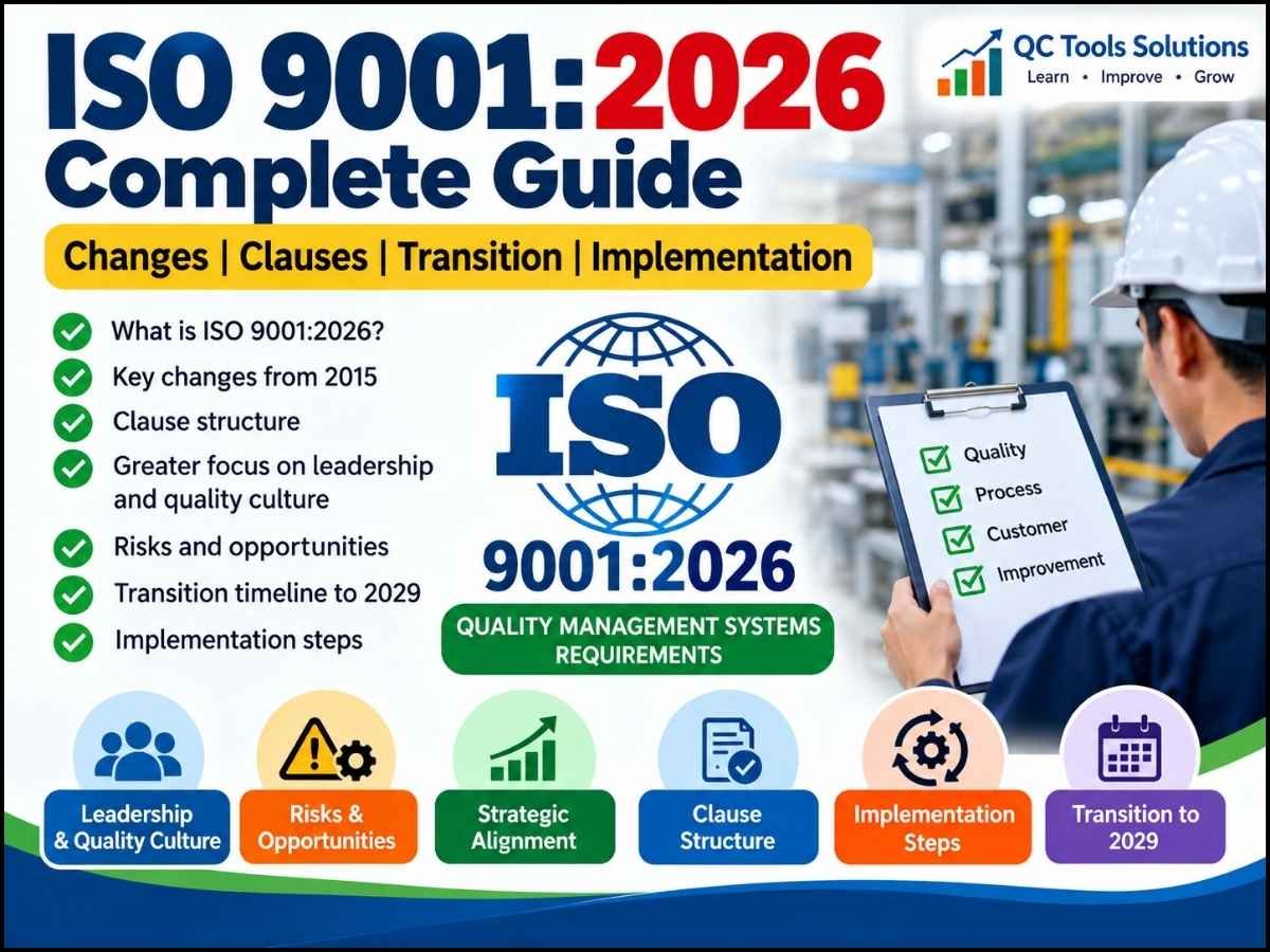 ISO 9001:2026 complete guide covering key changes, clauses, transition timeline, leadership, risks and opportunities, and implementation.